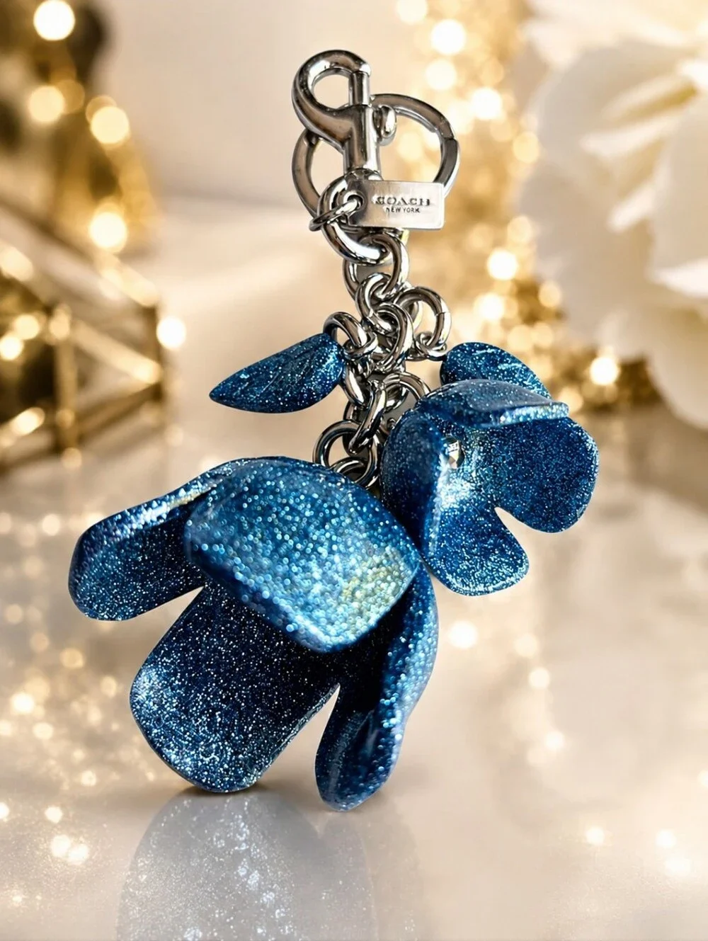 Coach Blue Glitter Tea Rose Floral Bag Charm Keychain Silver Hardware